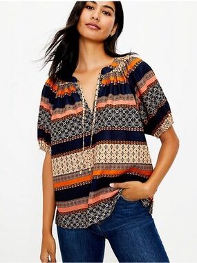 LOFT Navy, Orange & Cream Printed Peasant Blouse
